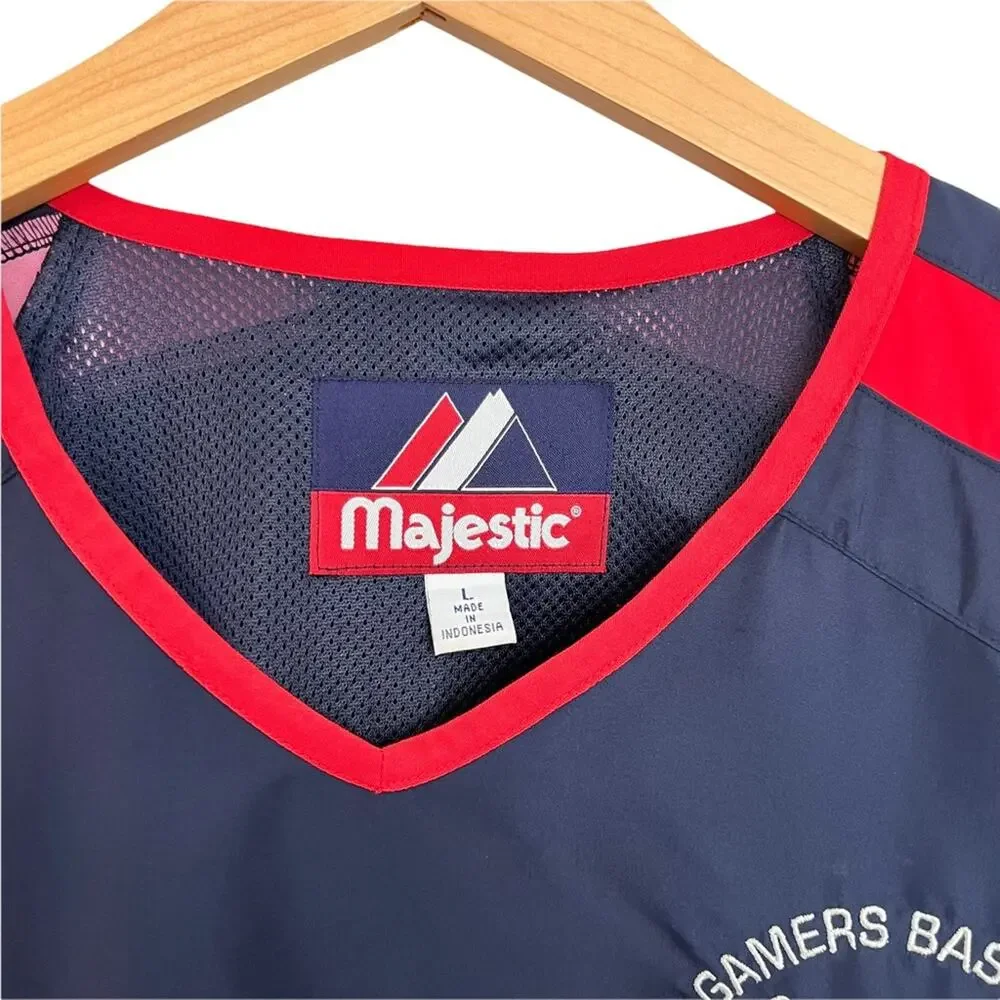 Vtg Majestic Baseball Top Warm Up Pullover Gamers Short Sleeved Blue Red Size L